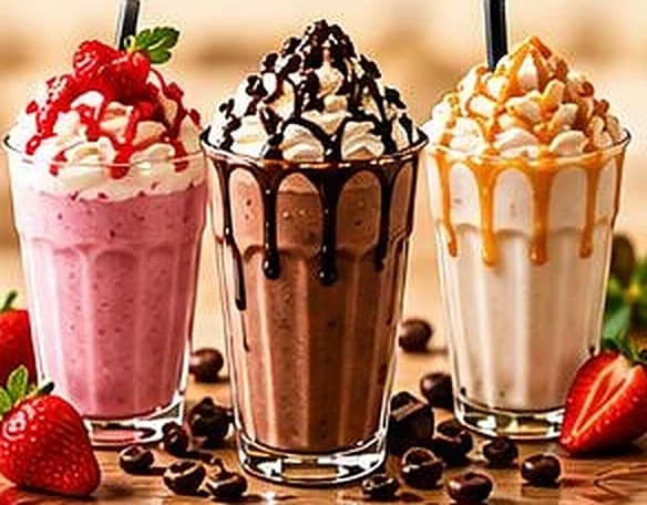 Çilekli, çikolatalı ve karamelli üç milkshake