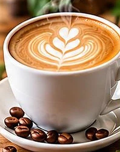 Latte art'lı bir fincan kahve ve kahve çekirdekleri